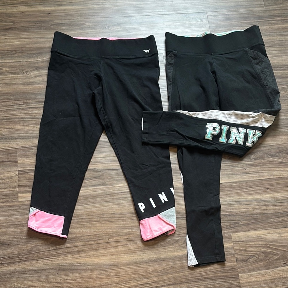 PINK Victoria's Secret bling Black Leggings size L EUC